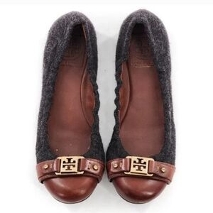 Tory Burch Ambrose Gray Felt and Brown Leather Logo Ballet Flats - 8